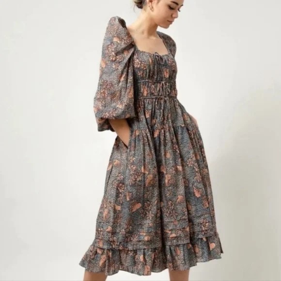 Ulla Johnson Isla Pleated Puff Sleeve Flouncy Floral Midi Dress - Picture 2 of 16